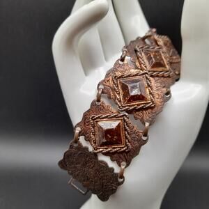 Vintage Copper Glass Etched Bracelet, Speckled Glass, 7"